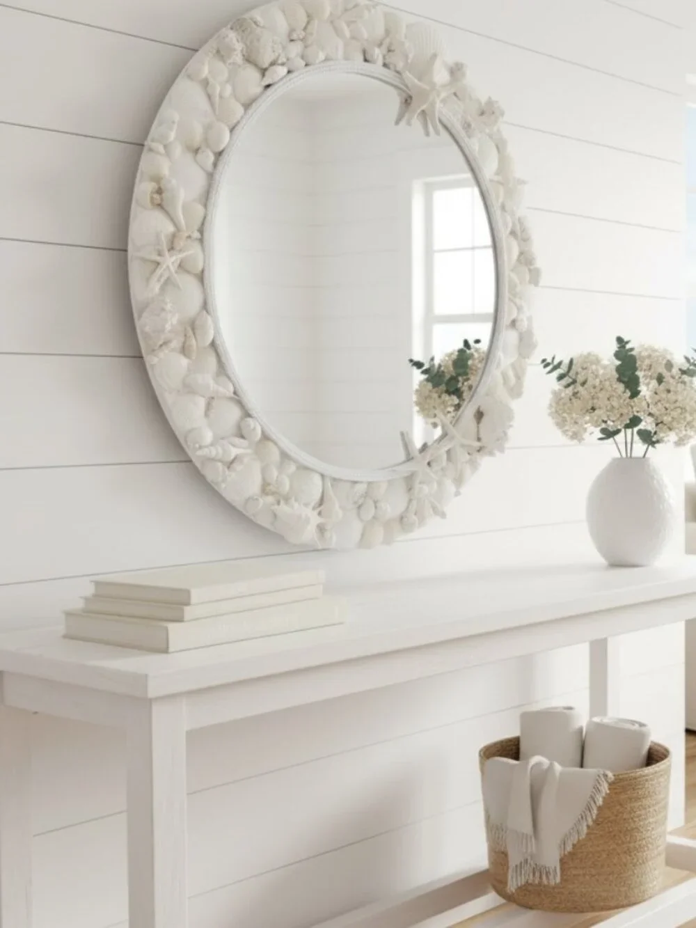 Handmade White Seashell Mirror — Coastal Boho Wall Decor